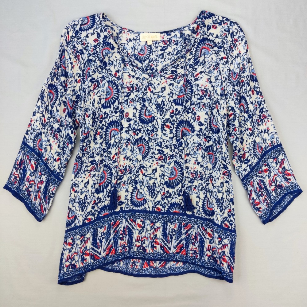 Lucy & Laurel Blouse Womens L Blue Paisley Floral Tassel Peasant Top 3/4 Sleeve